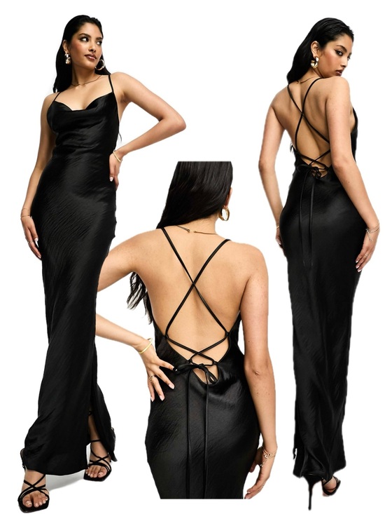 Dresses & Skirts - ASOS Design Black Satin Cowl Neck cami Maxi Slip Dress Sz 8 high shine lace up